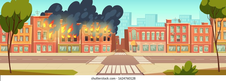 Fire in city house, vector cartoon urban landscape with burning building, red flame with black smoke, danger background