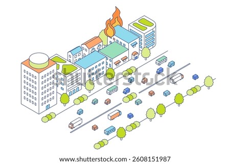 Fire in the city. Vector illustration of a commercial building on fire.