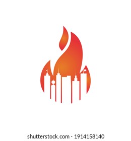 Fire city vector logo design template. Buildings and fire icon design.
