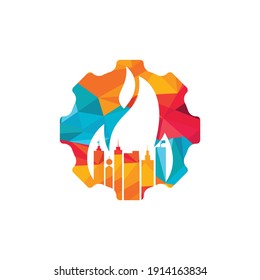 Fire city vector logo design template. Buildings and fire with Cog wheel icon design.