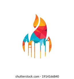 Design-Vorlage für das Logo der Feuerstadt. Gebäude und Feuersymbol-Design.