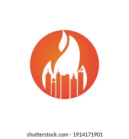 Plantilla de diseño del logotipo del vector de la ciudad del fuego. Edificios y diseño de iconos de fuego.