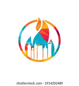 Fire city vector logo design template. Buildings and fire icon design.
