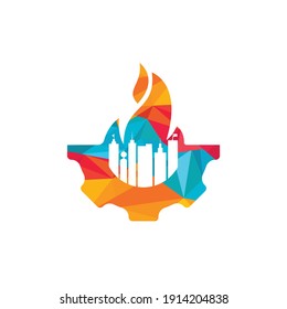 Fire city vector logo design template. Buildings and fire with Cog wheel icon design.