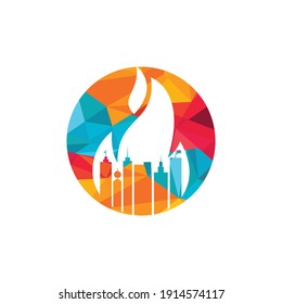 Fire city vector logo design template. Buildings and fire icon design.