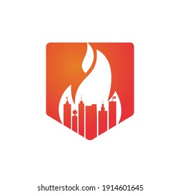 Fire city vector logo design template. Buildings and fire icon design.