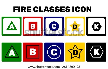 Fire classification icon infographic clip art vector design. Fire extinguisher tank cartoon style isolated in white illustration. Safety equipment