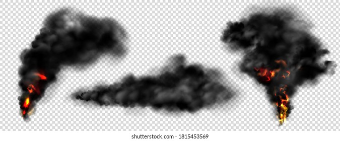 Fire With Clouds Of Black Smoke Isolated On Transparent Background. Vector Realistic Set Of Dark Fog, Smog From Burning Wood Or Fuel, Explosion Or Torch. Flame With Pillar Of Smoke