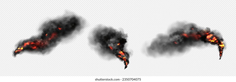 Fire with clouds of black smoke on transparent background. Realistic vector illustration texture of flames with pillars of dark smog or fog with powder and particles from explosion or burning.
