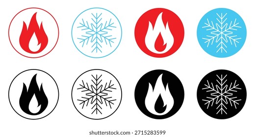 Conjunto de iconos de fuego y frío. Diseño de símbolo de temperatura cálida de signo de fuego y copo de nieve. Concepto de calor y congelación Ilustración vectorial Sitio web Diseño gráfico. Iconos de Botón de calefacción y refrigeración.