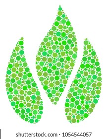 Fire collage of filled circles in various sizes and ecological green color tones. Vector round elements are united into fire mosaic. Ecology design concept.