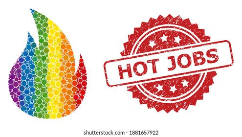 Fire collage icon of round spots in variable sizes and LGBT colored color hues, and Hot Jobs dirty rosette watermark. A dotted LGBT-colored Fire for lesbians, gays, transgenders, and bisexuals.