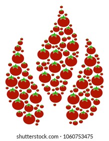 Fire collage of tomato vegetables in different sizes. Vector tomato symbols are combined into fire figure. Nutrition vector design concept.