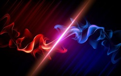 Fire Collision Red And Blue Background, Versus Banner. Powerful Colored Fire And The Flash From The Collision. Confrontation Concept, Competition Vs Match Game. Battle Game Background. Versus Vector.