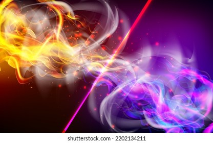 Fire collision red and blue background, versus banner. Powerful colored fire and the flash from the collision. Confrontation concept, competition vs match game. Battle game background. Versus Vector