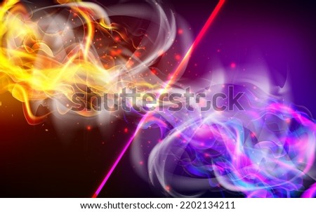 Fire collision red and blue background, versus banner. Powerful colored fire and the flash from the collision. Confrontation concept, competition vs match game. Battle game background. Versus Vector