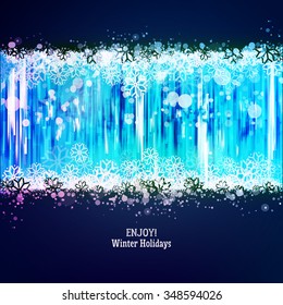 Fire colors lighting horizontal banner with snowflakes. Abstract vector background. Lighting effect party element. 