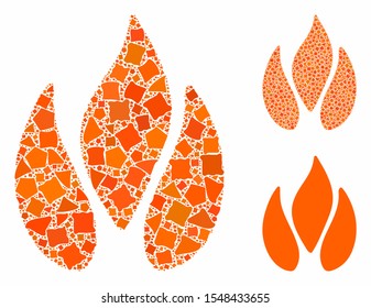 Fire composition of raggy pieces in various sizes and color tones, based on fire icon. Vector rugged parts are united into collage. Fire icons collage with dotted pattern.