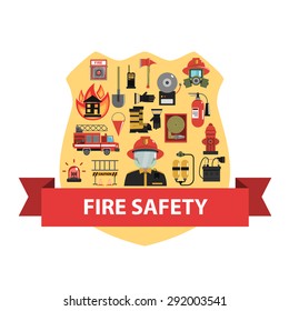 Fire concept with firefighter badge and safety icons flat vector illustration