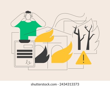 Fire consequences abstract concept vector illustration. Wildfire consequences, fire victim, property and business economic losses calculation, damage evaluation service, abstract metaphor.