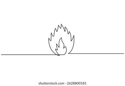 Fire continuous one line art drawing of flame shape, Minimalist continuous one line drawing of a flame icon for heat, Fire, and energy concept design.