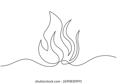 Fire continuous one line drawing in minimal burning flame outline vector illustration on white background