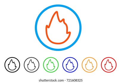 Fire Contour rounded icon. Style is a flat fire contour orange symbol inside light blue circle with black, gray, green, blue, red, orange color versions.