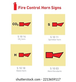 Fire control horn signs - International Fire Control and Safety Signs - Fire control, Horn alarm, Protection, Co2, Sprinkle, Halon, Horn Fire Alarm, Safety Horn Signs. 