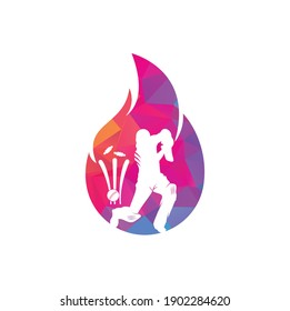 Fire cricket player vector logo design. Cricket fire gear logo icon. Batsman playing cricket and fire combination logo