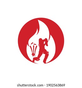 Fire cricket player vector logo design. Cricket fire gear logo icon. Batsman playing cricket and fire combination logo