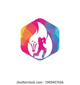 Fire cricket player vector logo design. Cricket fire gear logo icon. Batsman playing cricket and fire combination logo