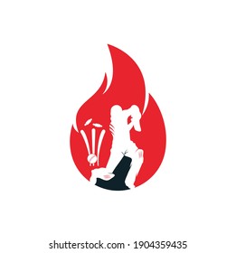 Fire cricket player vector logo design. Cricket fire gear logo icon. Batsman playing cricket and fire combination logo