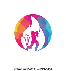 Fire cricket player vector logo design. Cricket fire gear logo icon. Batsman playing cricket and fire combination logo