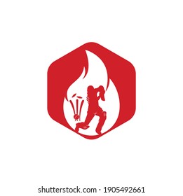 Fire cricket player vector logo design. Cricket fire gear logo icon. Batsman playing cricket and fire combination logo