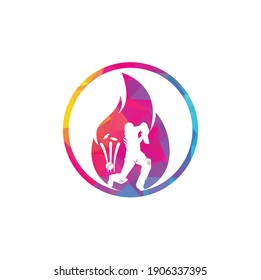 Fire cricket player vector logo design. Cricket fire gear logo icon. Batsman playing cricket and fire combination logo