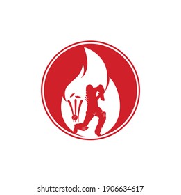 Fire cricket player vector logo design. Cricket fire gear logo icon. Batsman playing cricket and fire combination logo