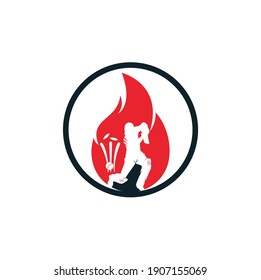 Fire cricket player vector logo design. Cricket fire gear logo icon. Batsman playing cricket and fire combination logo