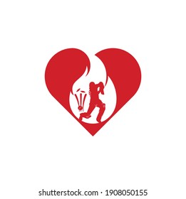 Fire cricket player vector logo design. Cricket fire love logo icon. Batsman playing cricket and fire combination logo.