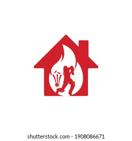 Fire cricket player vector logo design. Cricket fire home logo icon. Batsman playing cricket and fire combination logo.