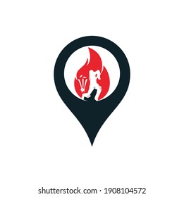 Fire cricket player vector logo design. Cricket fire gps logo icon. Batsman playing cricket and fire combination logo