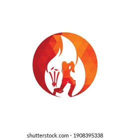 Fire cricket player vector logo design. Cricket fire logo icon. Batsman playing cricket and fire combination logo