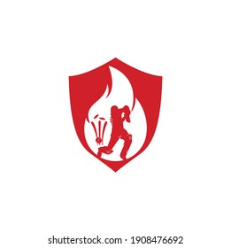 Fire cricket player vector logo design. Cricket fire logo icon. Batsman playing cricket and fire combination logo