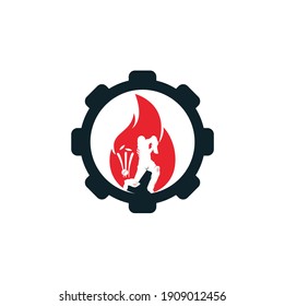 Fire cricket player vector logo design. Cricket fire gear logo icon. Batsman playing cricket and fire combination logo