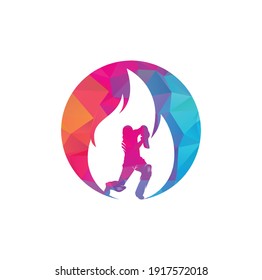 Fire cricket player vector logo design. Cricket fire gear logo icon. Batsman playing cricket and fire combination logo.