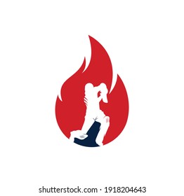 Fire cricket player vector logo design. Cricket fire gear logo icon. Batsman playing cricket and fire combination logo.