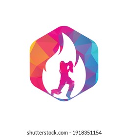 Fire cricket player vector logo design. Cricket fire gear logo icon. Batsman playing cricket and fire combination logo.