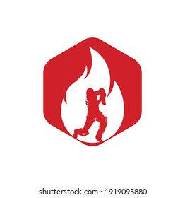 Fire cricket player vector logo design. Cricket fire gear logo icon. Batsman playing cricket and fire combination logo.