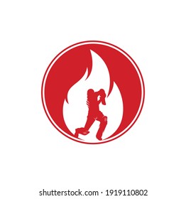 Fire cricket player vector logo design. Cricket fire gear logo icon. Batsman playing cricket and fire combination logo.