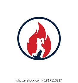 Fire cricket player vector logo design. Cricket fire gear logo icon. Batsman playing cricket and fire combination logo.