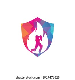  Fire cricket player vector logo design. Cricket fire gear logo icon. Batsman playing cricket and fire combination logo.